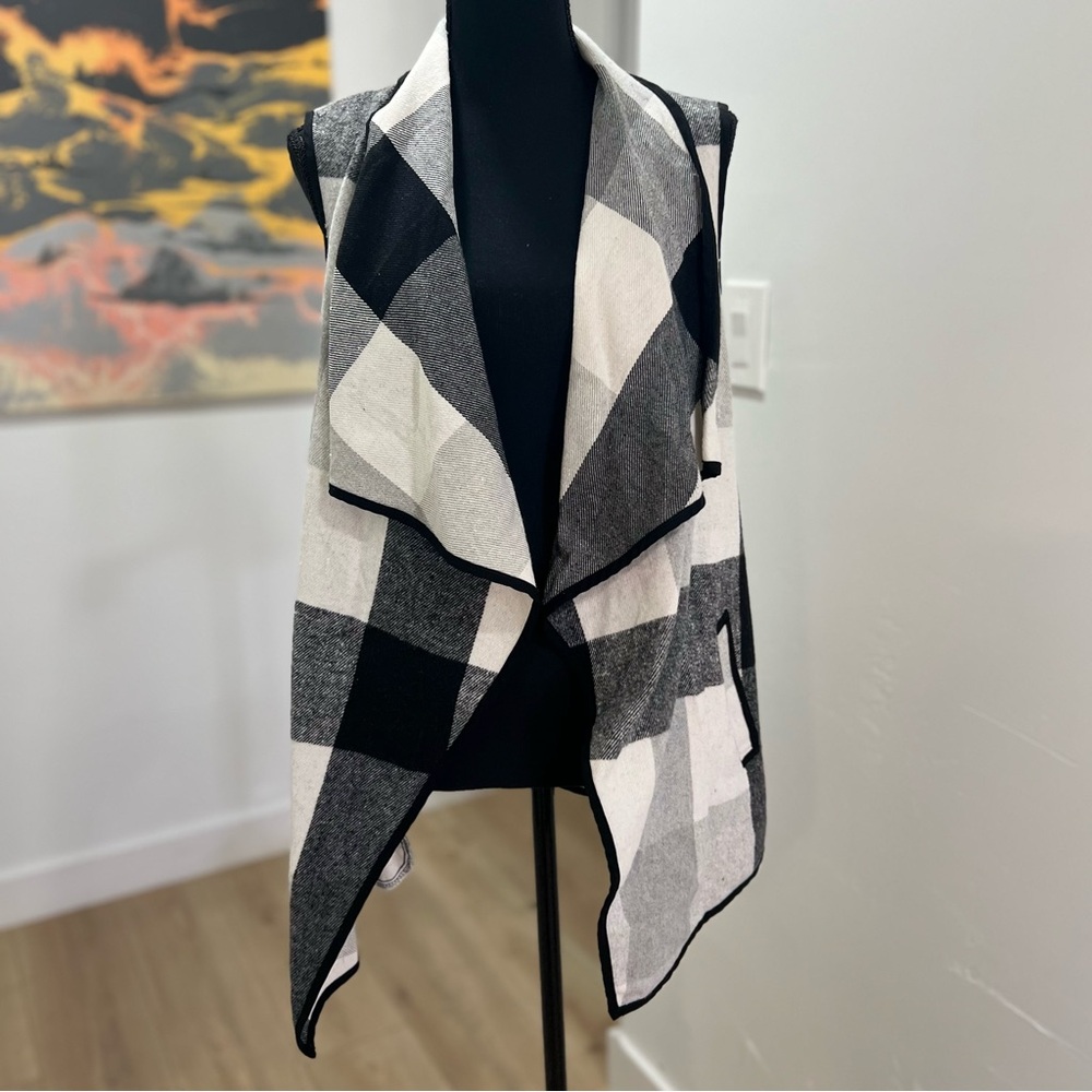 Black and White Plaid Open Front Vest